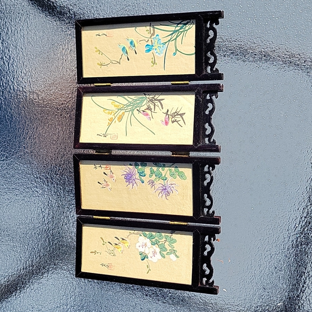 Vintage Chinese 4 Panel Mini Screen Artist Hand Painted Silk Lacquer Wood Glass - Picture 6 of 13